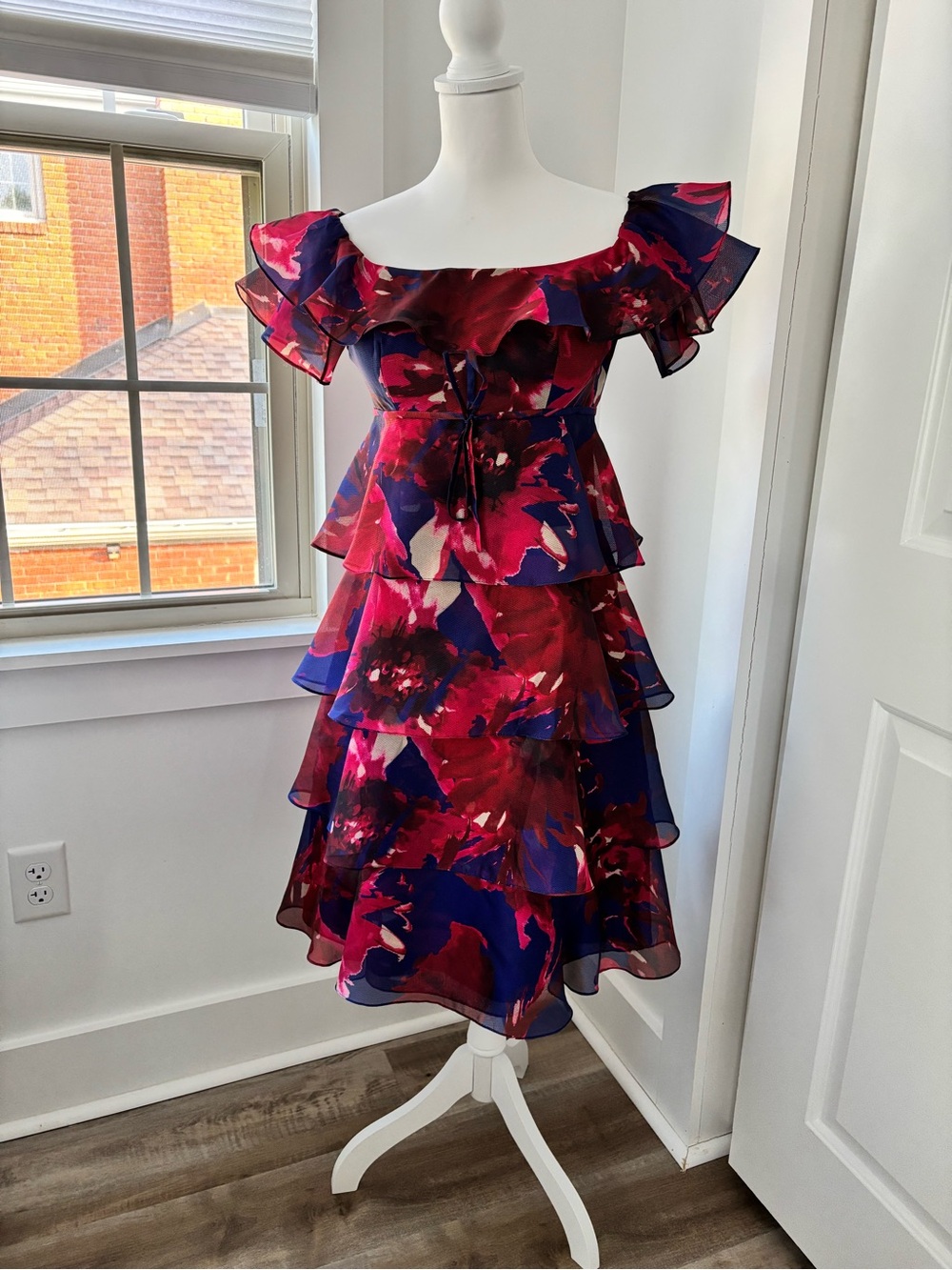 Teri Jon Red and Blue Floral Ruffle Midi Dress